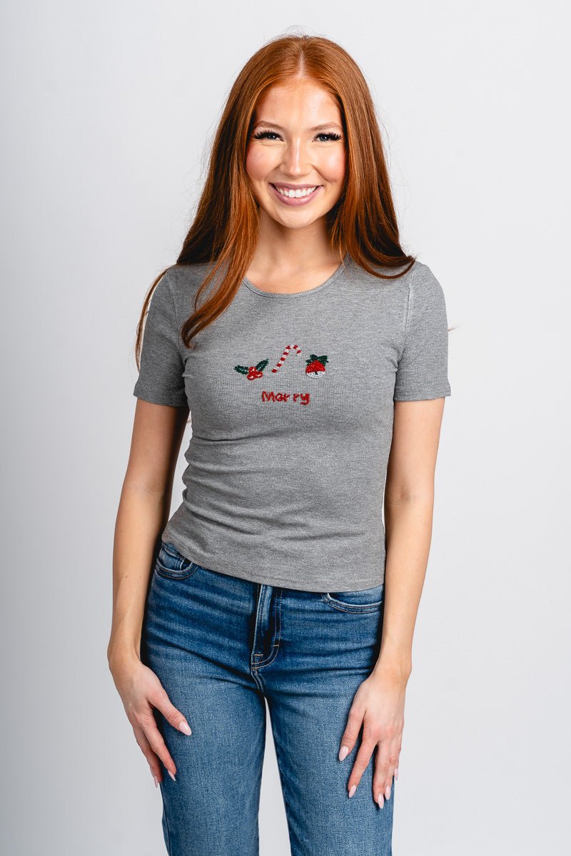 Merry beaded short sleeve t-shirt heather grey - Trendy Holiday Apparel at Lush Fashion Lounge Boutique in Oklahoma City