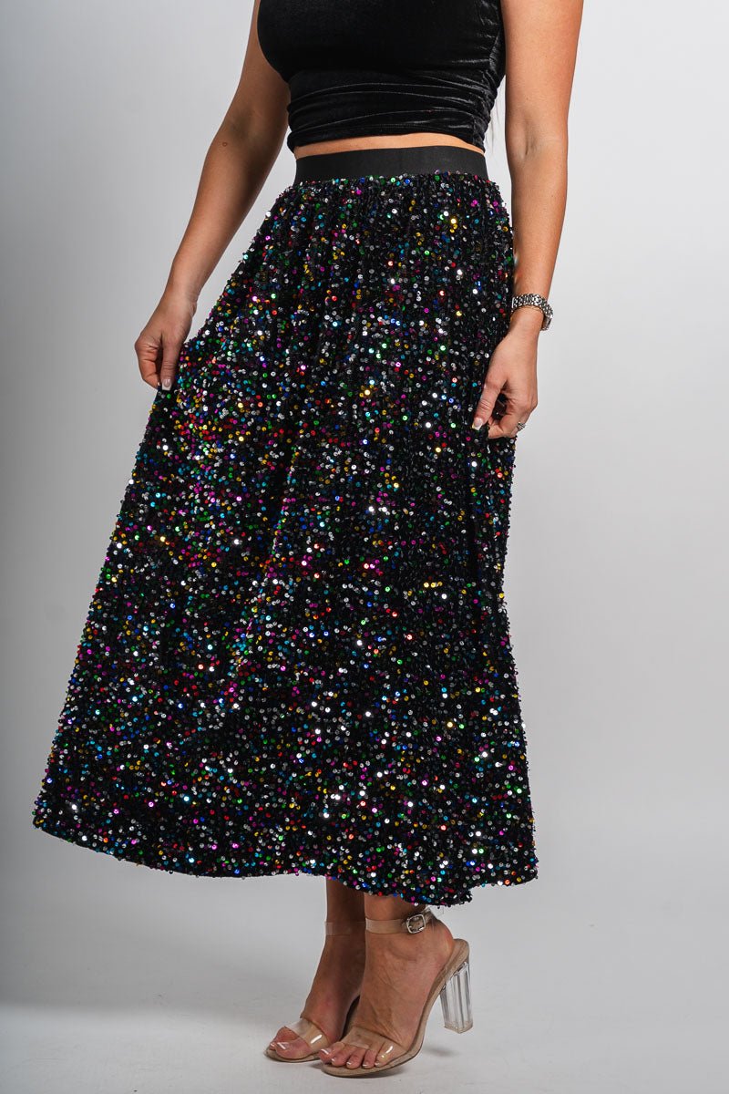 Sequin maxi skirt black multi - Trendy New Year's Eve Dresses, Skirts, Kimonos and Sequins at Lush Fashion Lounge Boutique in Oklahoma City