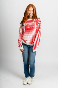 OU OU Boomer Sooner script striped sweatshirt red/white Sweatshirt | Lush Fashion Lounge Trendy Oklahoma University Sooners Apparel & Cute Gameday T-Shirts