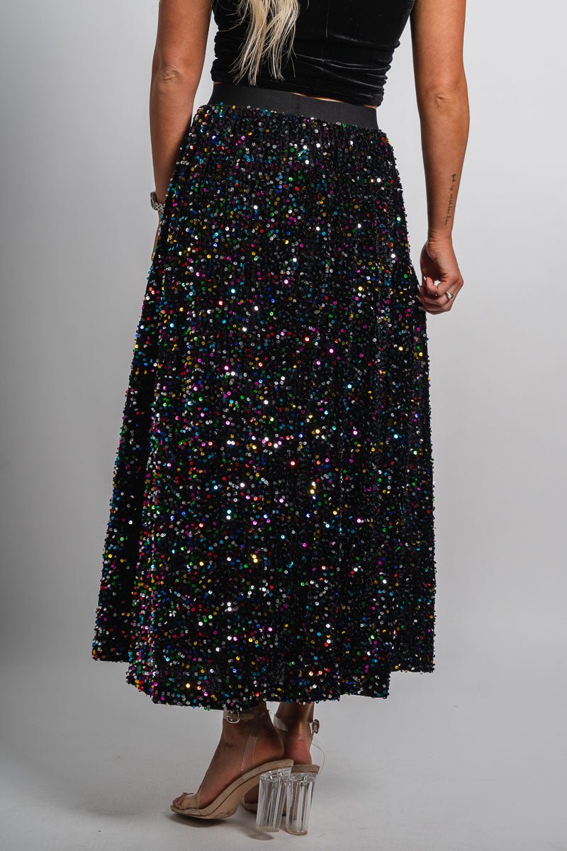 Sequin maxi skirt black multi | Lush Fashion Lounge: boutique fashion skirts, affordable boutique skirts, cute affordable skirts