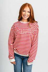 OU OU Boomer Sooner script striped sweatshirt red/white Sweatshirt | Lush Fashion Lounge Trendy Oklahoma University Sooners Apparel & Cute Gameday T-Shirts
