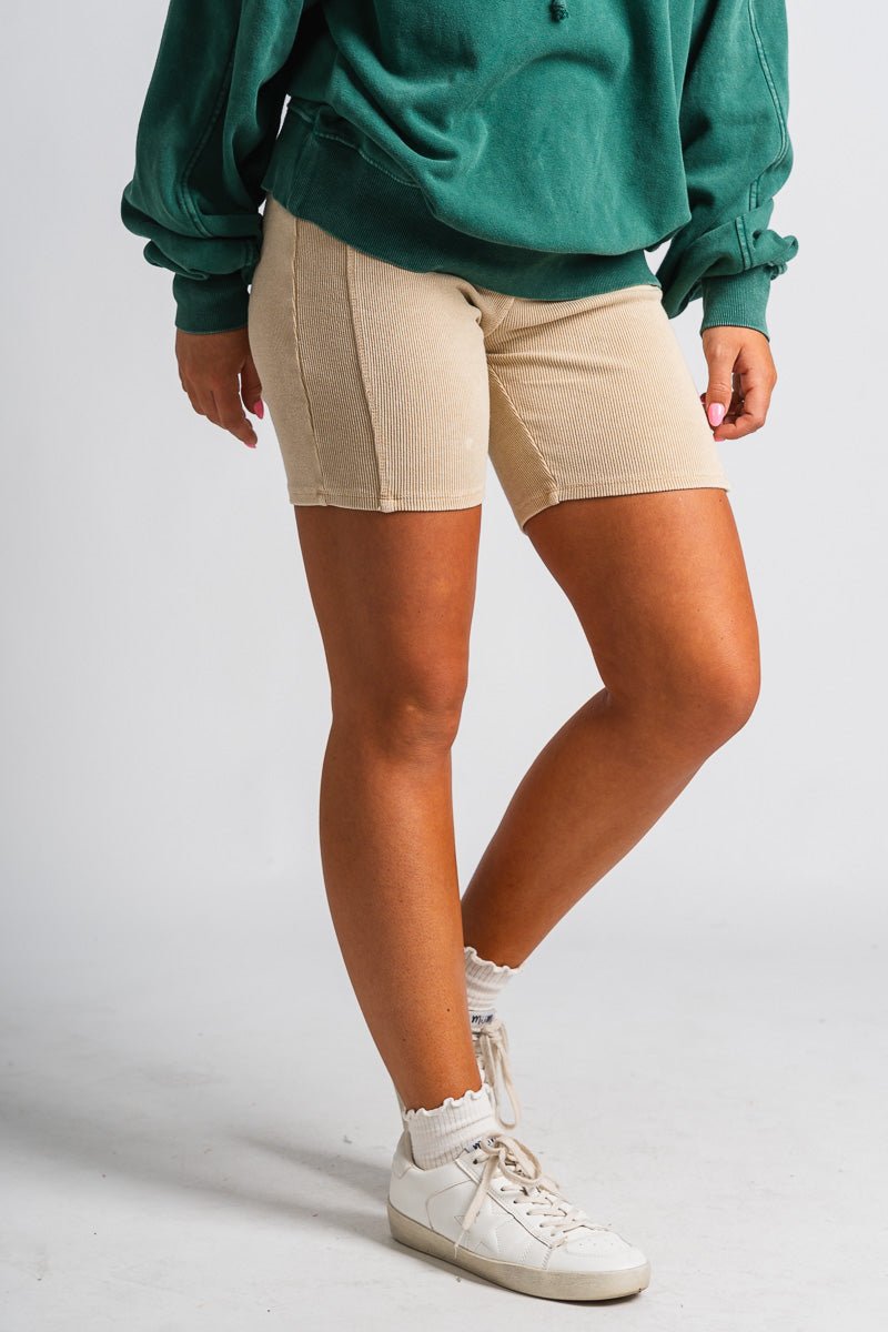 Ribbed biker shorts taupe - Affordable shorts - Boutique Shorts at Lush Fashion Lounge Boutique in Oklahoma City