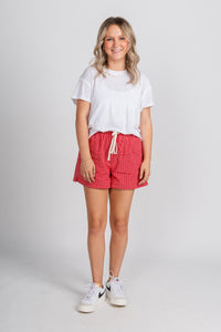 Plaid boxer shorts red multi Stylish shorts - Womens Fashion Shorts at Lush Fashion Lounge Boutique in Oklahoma City