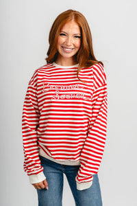 OU OU Boomer Sooner script striped sweatshirt red/white Sweatshirt | Lush Fashion Lounge Trendy Oklahoma University Sooners Apparel & Cute Gameday T-Shirts