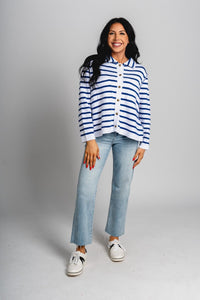 Striped knit sweater white/navy - Oklahoma City inspired graphic t-shirts at Lush Fashion Lounge Boutique in Oklahoma City