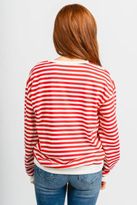 OU OU Boomer Sooner script striped sweatshirt red/white Sweatshirt | Lush Fashion Lounge Trendy Oklahoma University Sooners Apparel & Cute Gameday T-Shirts