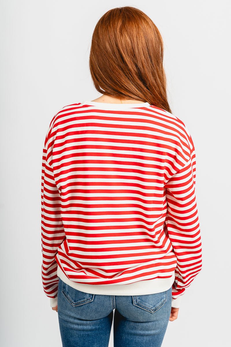 OU OU Boomer Sooner script striped sweatshirt red/white Sweatshirt | Lush Fashion Lounge Trendy Oklahoma University Sooners Apparel & Cute Gameday T-Shirts