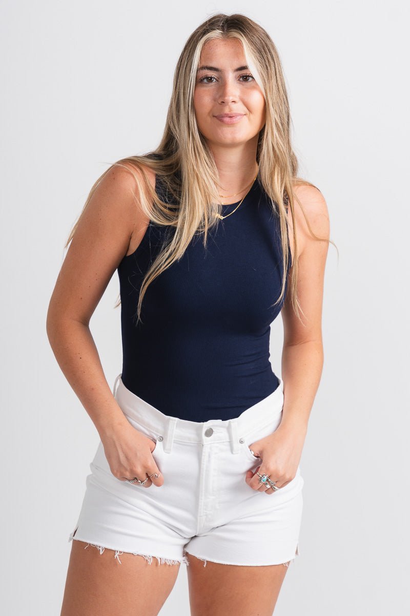 Round neck bodysuit dark navy - Cute bodysuit - Fun American Summer Outfits at Lush Fashion Lounge Boutique in Oklahoma City