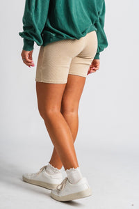 Ribbed biker shorts taupe Stylish shorts - Womens Fashion Shorts at Lush Fashion Lounge Boutique in Oklahoma City