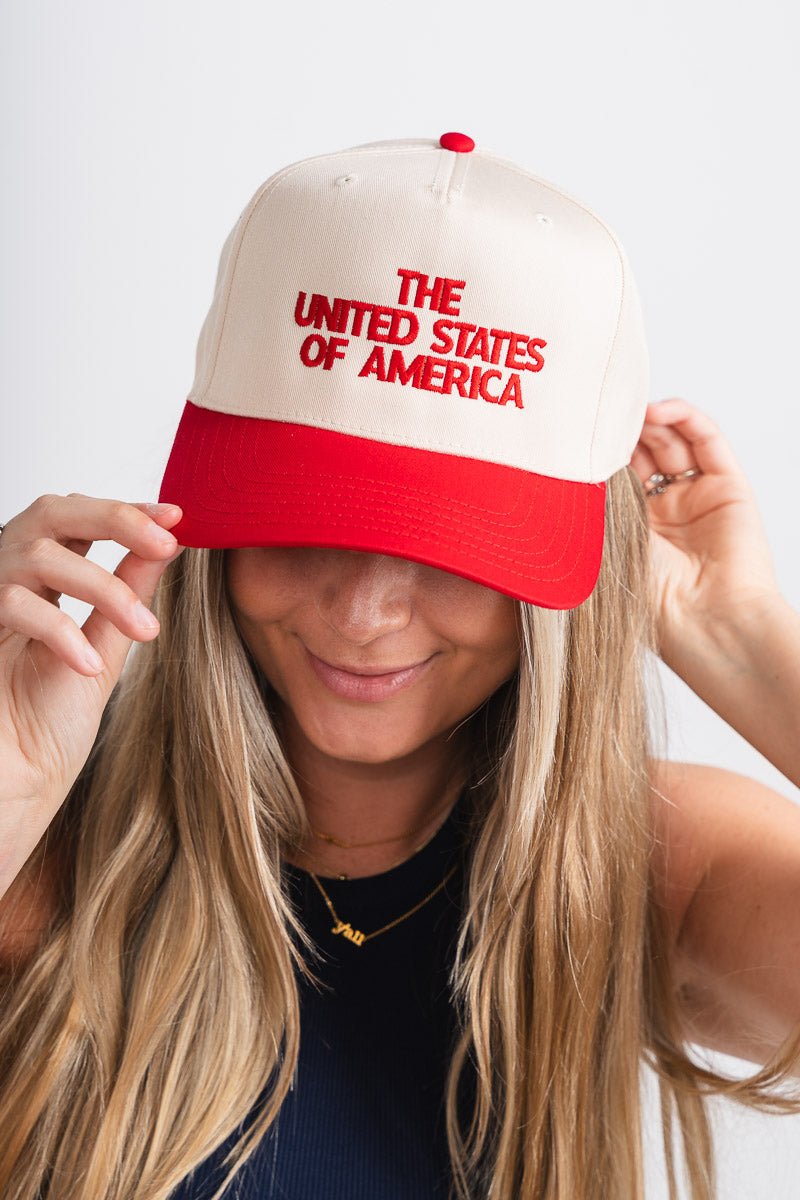 United States of America vintage hat cream/red - Trendy Hat - Cute American Summer Collection at Lush Fashion Lounge Boutique in Oklahoma City