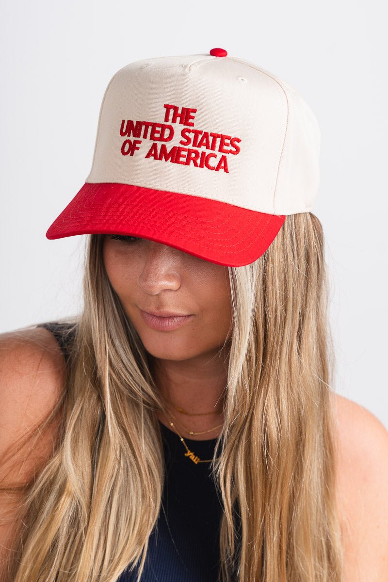 United States of America vintage hat cream/red - Stylish Hat - Trendy American Summer Fashion at Lush Fashion Lounge Boutique in Oklahoma