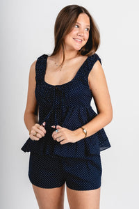 Polka dot tie front top navy/white - Trendy Tank Top - Cute American Summer Collection at Lush Fashion Lounge Boutique in Oklahoma City