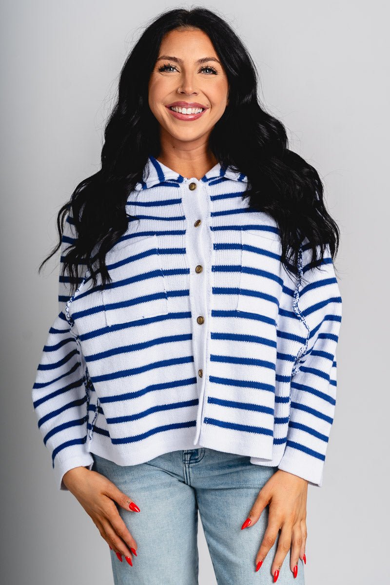 Striped knit sweater white/navy - Trendy Oklahoma City Basketball T-Shirts Lush Fashion Lounge Boutique in Oklahoma City