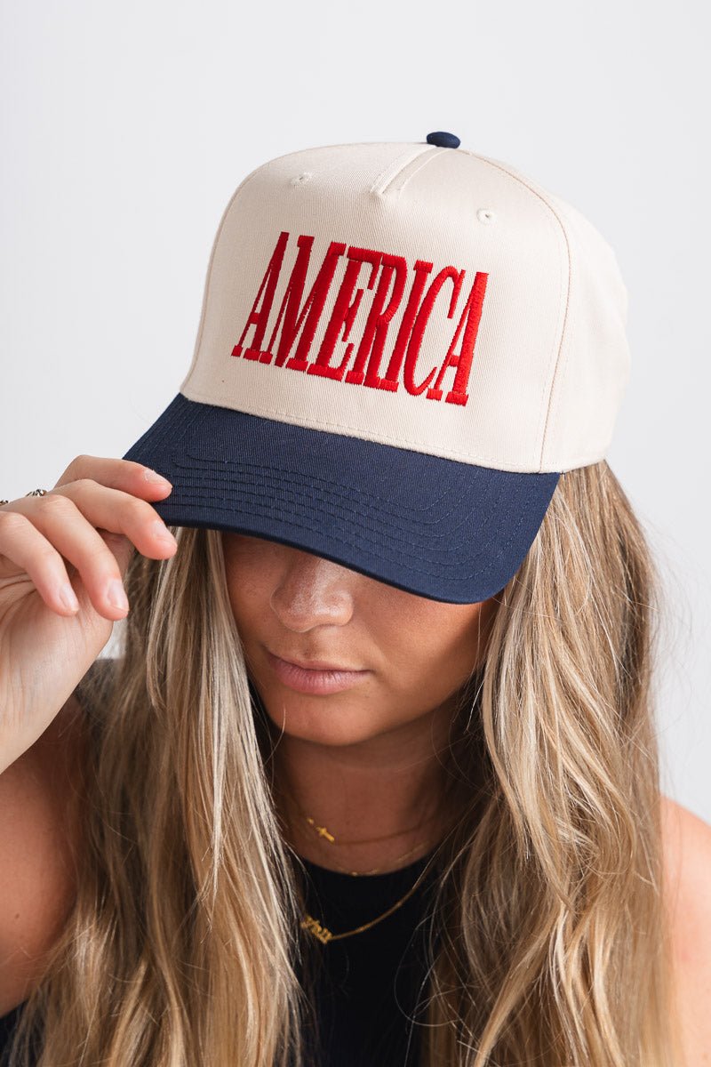 America vintage hat khaki/red/navy - Stylish Hat - Trendy American Summer Fashion at Lush Fashion Lounge Boutique in Oklahoma