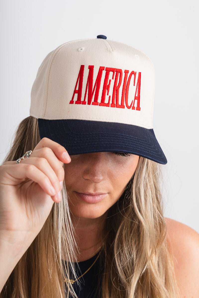 America vintage hat khaki/red/navy - Trendy Hat - Cute American Summer Collection at Lush Fashion Lounge Boutique in Oklahoma City