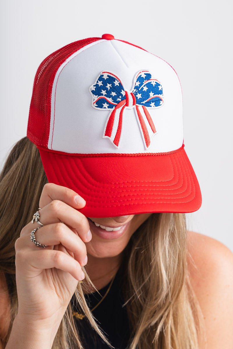 USA bow ribbon trucker hat red/white - Trendy Hat - Cute American Summer Collection at Lush Fashion Lounge Boutique in Oklahoma City