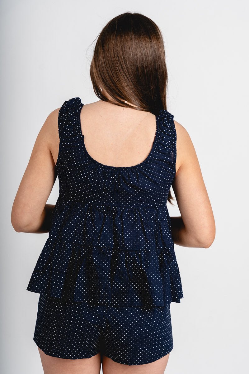 Polka dot tie front top navy/white - Adorable Tank Top - Stylish Patriotic Summer Graphic Tees at Lush Fashion Lounge Boutique in OKC