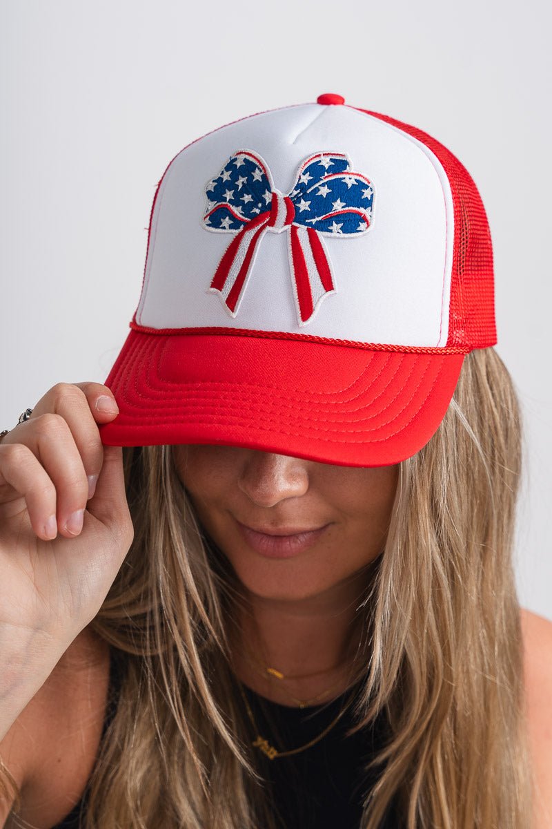 USA bow ribbon trucker hat red/white - Stylish Hat - Trendy American Summer Fashion at Lush Fashion Lounge Boutique in Oklahoma