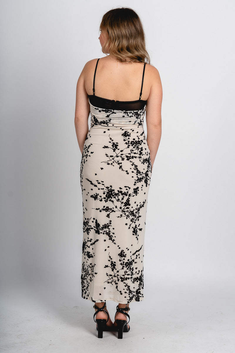 Velvet mesh midi dress black/cream