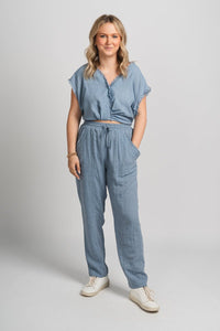 Fray detail cargo pants denim | Lush Fashion Lounge: women's boutique pants, boutique women's pants, affordable boutique pants, women's fashion pants