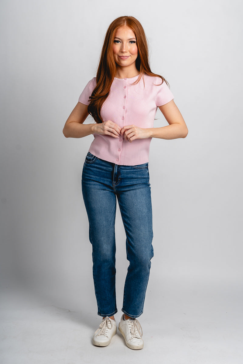 Short sleeve sweater cardigan soft pink