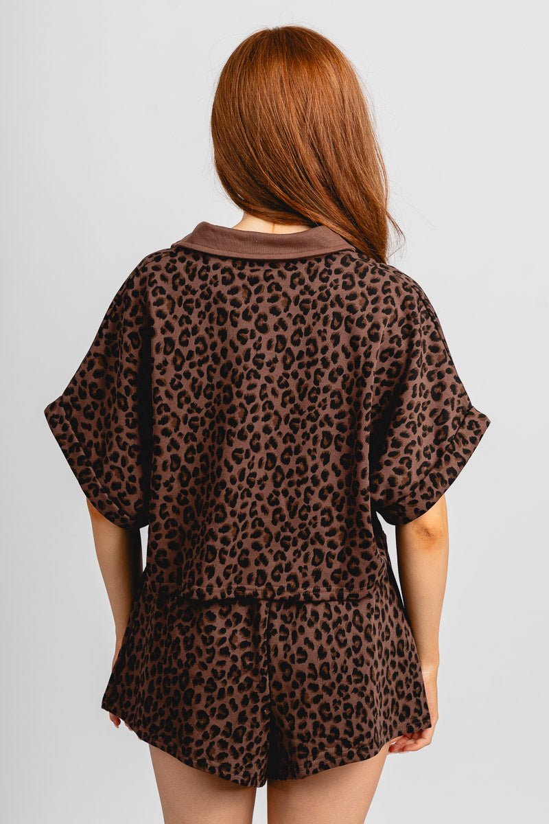 Leopard short sleeve crop sweatshirt brown