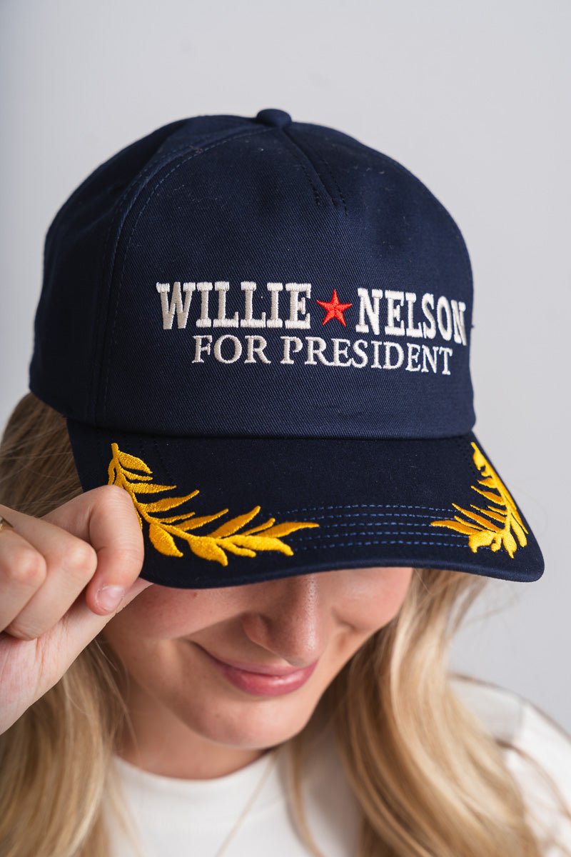 Willie Nelson for president captain hat navy - Trendy Band T-Shirts and Sweatshirts at Lush Fashion Lounge Boutique in Oklahoma City