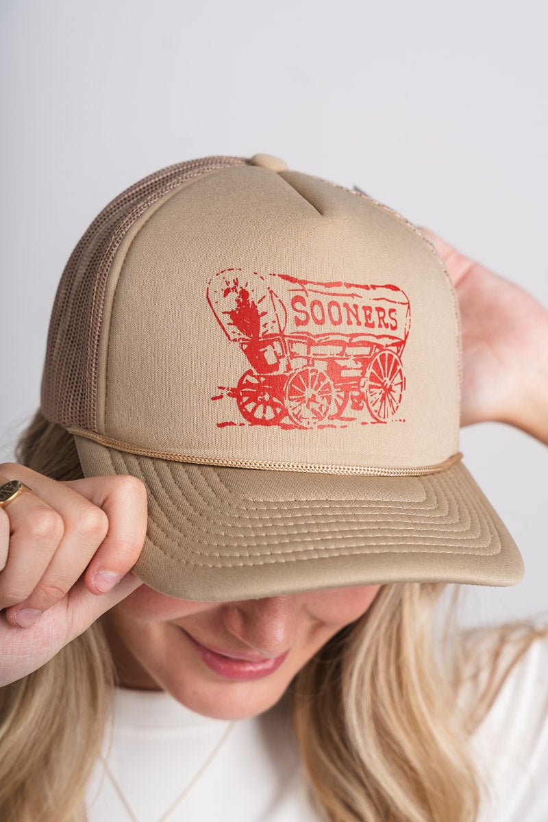 OU OU simple schooner trucker hat khaki Hat | Lush Fashion Lounge Trendy Oklahoma University Sooners Apparel & Cute Gameday T-Shirts