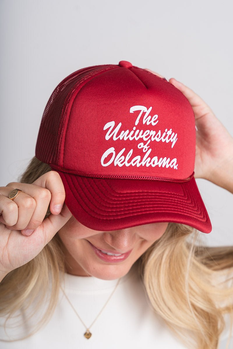 OU OU University of Oklahoma script trucker hat crimson Hat | Lush Fashion Lounge Trendy Oklahoma University Sooners Apparel & Cute Gameday T-Shirts