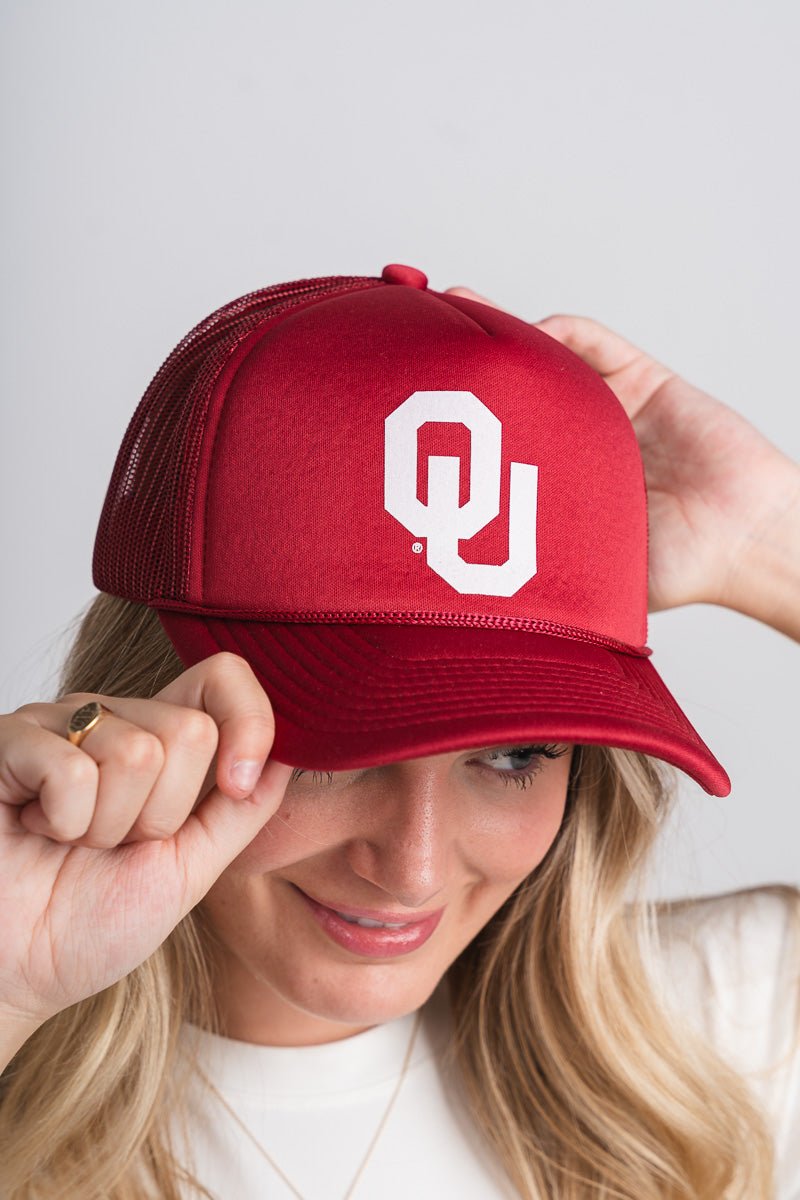 OU OU interlock logo trucker hat crimson Hat Crimson | Lush Fashion Lounge Trendy Oklahoma University Sooners Apparel & Cute Gameday T-Shirts