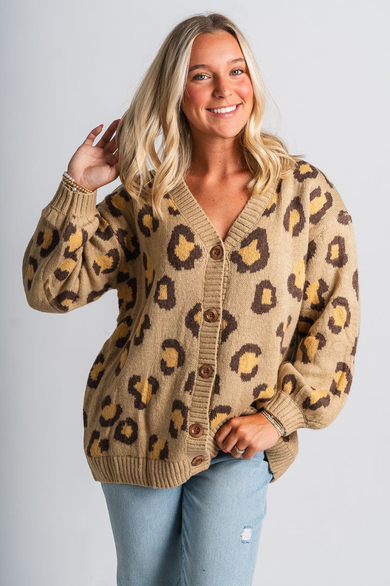 Leopard cardigan taupe - Affordable Cardigan - Boutique Cardigans & Trendy Kimonos at Lush Fashion Lounge Boutique in Oklahoma City