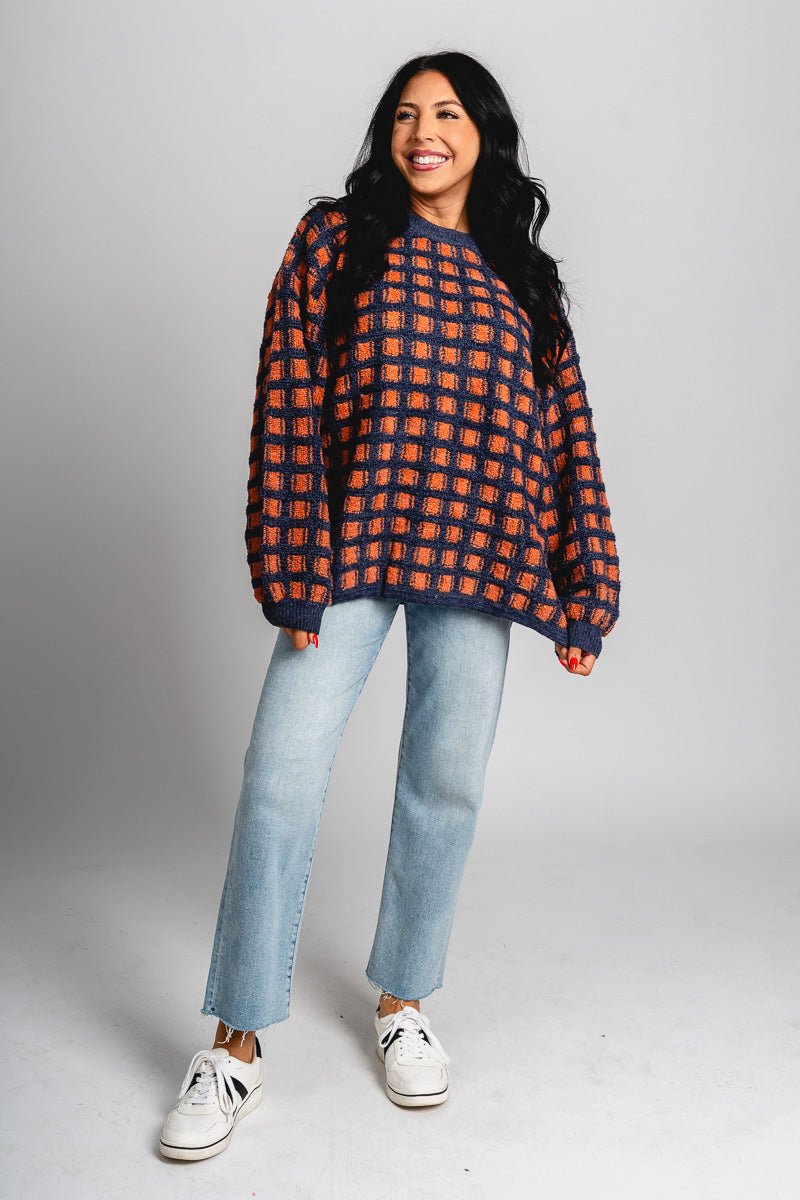 Checkered sweater navy/rust - Trendy OKC Thunder T-Shirts at Lush Fashion Lounge Boutique in Oklahoma City