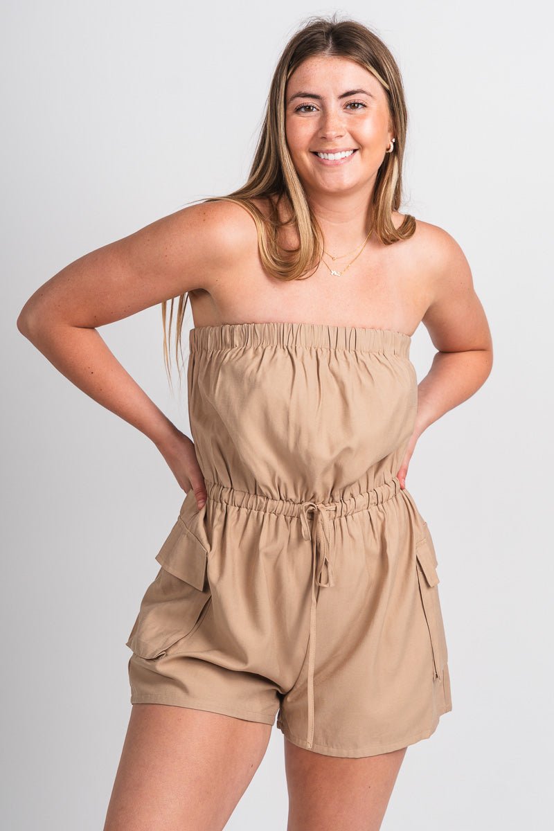 Cargo romper latte - Cute Romper - Trendy Rompers and Pantsuits at Lush Fashion Lounge Boutique in Oklahoma City