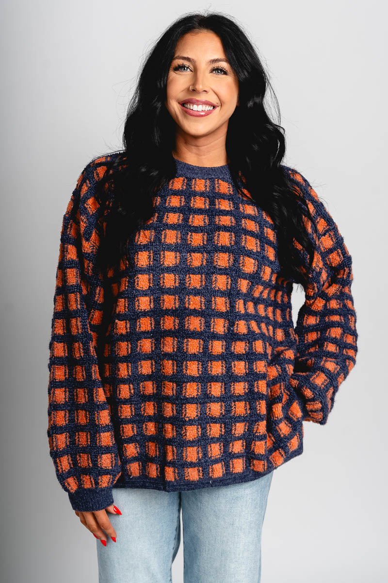 Checkered sweater navy/rust - Trendy Oklahoma City Basketball T-Shirts Lush Fashion Lounge Boutique in Oklahoma City