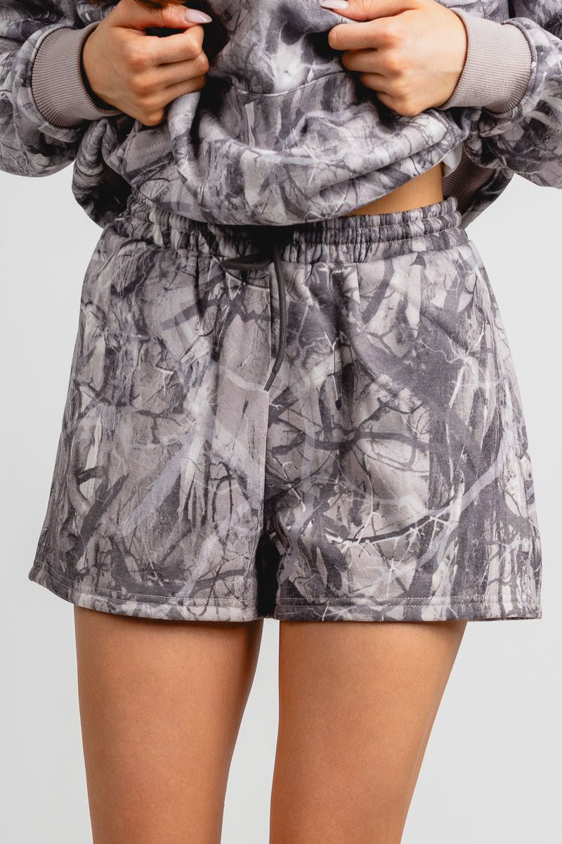 Camo drawstring shorts grey - Cute Shorts - Trendy Shorts at Lush Fashion Lounge Boutique in Oklahoma City