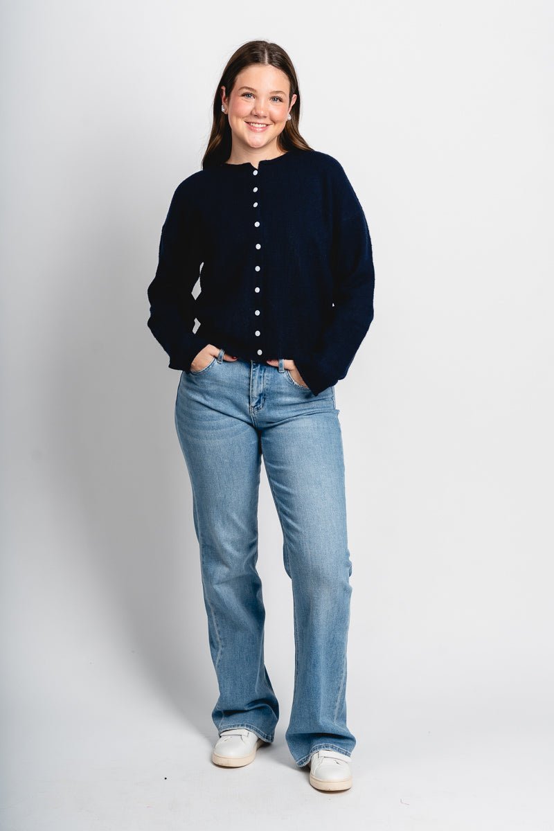 Button sweater cardigan navy - Trendy Cardigan - Fashion Cardigans & Cute Kimonos at Lush Fashion Lounge Boutique in Oklahoma City