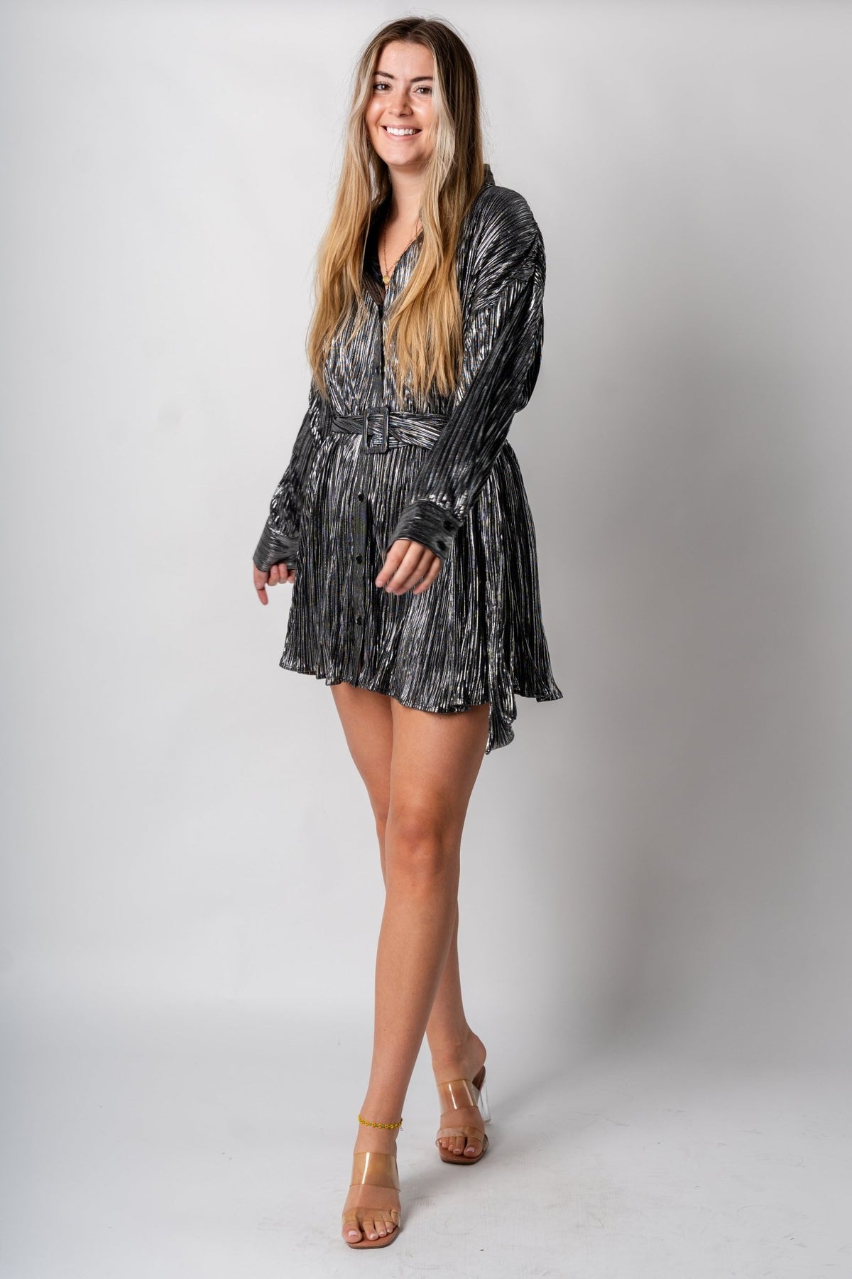 Pleated metallic shirt dress black - Trendy New Year's Eve Outfits at Lush Fashion Lounge Boutique in Oklahoma City