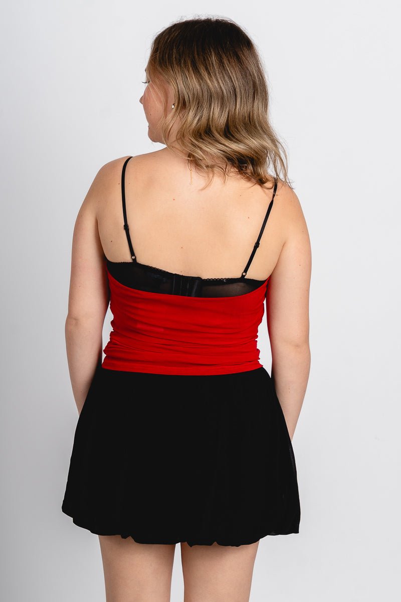 Mesh cowl neck tank top red