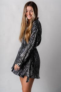 Pleated metallic shirt dress black - Affordable New Year's Eve Party Outfits at Lush Fashion Lounge Boutique in Oklahoma City