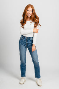 Long sleeve ribbed bodysuit white Stylish Bodysuit - Womens Fashion Bodysuits at Lush Fashion Lounge Boutique in Oklahoma City