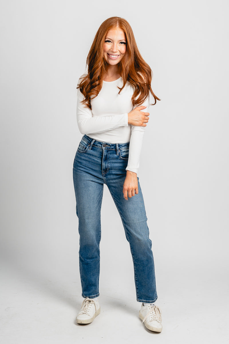 Long sleeve ribbed bodysuit white Stylish Bodysuit - Womens Fashion Bodysuits at Lush Fashion Lounge Boutique in Oklahoma City