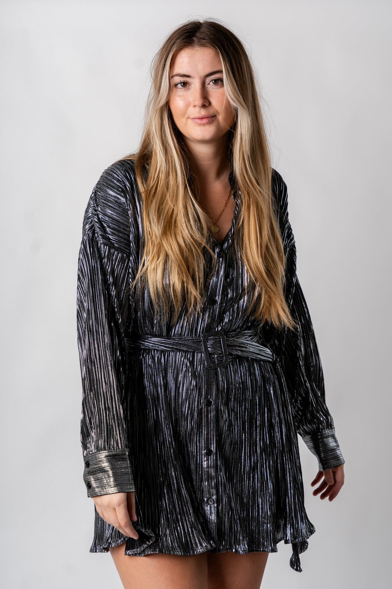 Pleated metallic shirt dress black - Affordable dress - Boutique Dresses at Lush Fashion Lounge Boutique in Oklahoma City