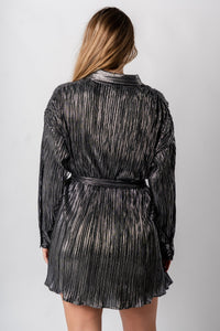 Pleated metallic shirt dress black Stylish dress - Womens Fashion Dresses at Lush Fashion Lounge Boutique in Oklahoma City