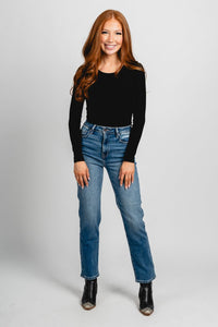 Long sleeve ribbed bodysuit black - Trendy Bodysuit - Fashion Bodysuits at Lush Fashion Lounge Boutique in Oklahoma City