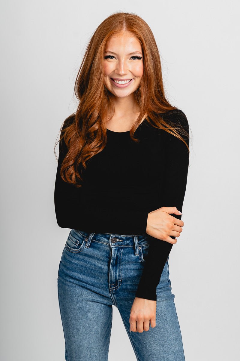 Long sleeve ribbed bodysuit black - Cute Bodysuit - Trendy Bodysuits at Lush Fashion Lounge Boutique in Oklahoma City