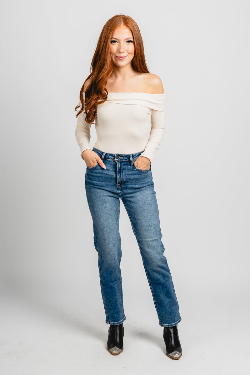 Off shoulder long sleeve bodysuit cream - Trendy Bodysuit - Fashion Bodysuits at Lush Fashion Lounge Boutique in Oklahoma City