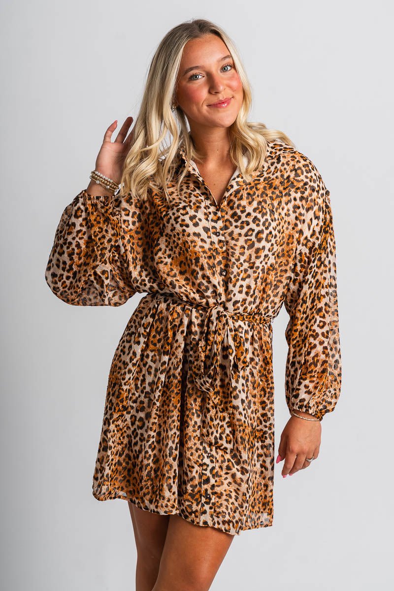 Leopard print blouse dress golden leopard - Affordable dress - Boutique Dresses at Lush Fashion Lounge Boutique in Oklahoma City