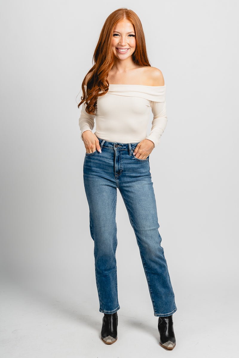 Off shoulder long sleeve bodysuit cream Stylish Bodysuit - Womens Fashion Bodysuits at Lush Fashion Lounge Boutique in Oklahoma City