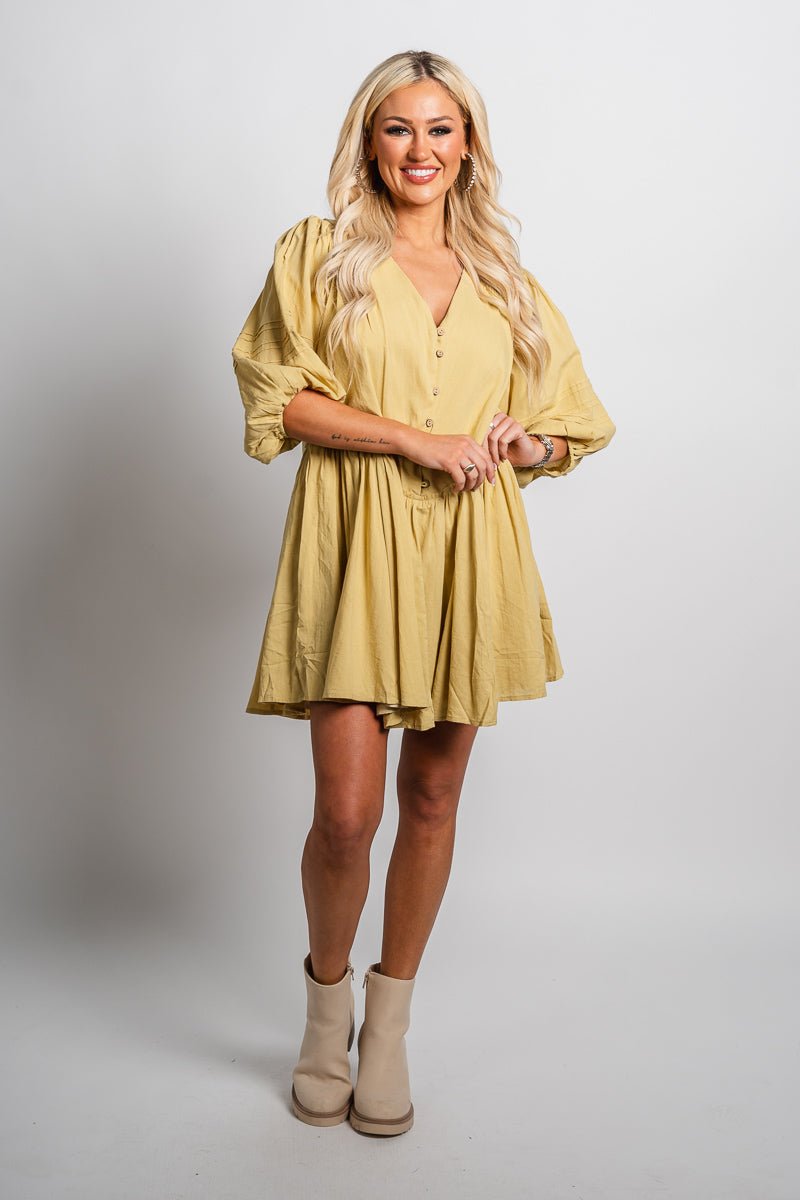 Button front babydoll dress cool matcha - Trendy dress - Fashion Dresses at Lush Fashion Lounge Boutique in Oklahoma City