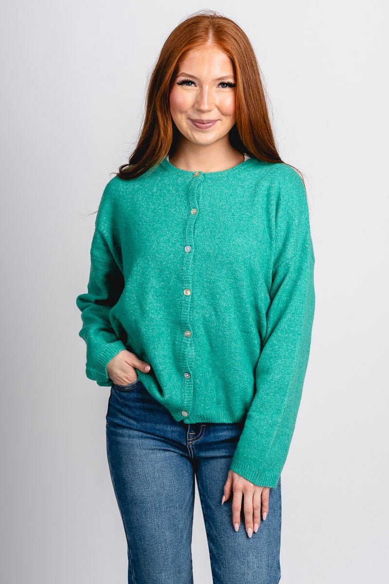 Button up sweater cardigan green - Affordable Cardigan - Boutique Cardigans & Trendy Kimonos at Lush Fashion Lounge Boutique in Oklahoma City